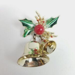 Vintage Christmas Bells Brooch, Holly Leaves Mistletoe Retro Holiday Estate Pin